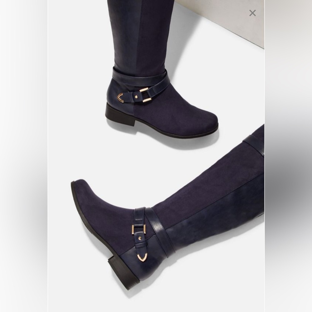 JustFab Hollie Navy Blue Knee-High Flat Boots Faux Suede Gold Buckle Women’s - Picture 3 of 10